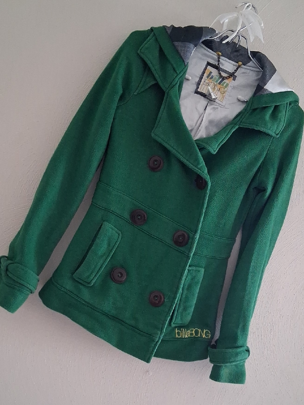 Billabong Girls Emerald Green Double-Breasted Hooded Pea Coat